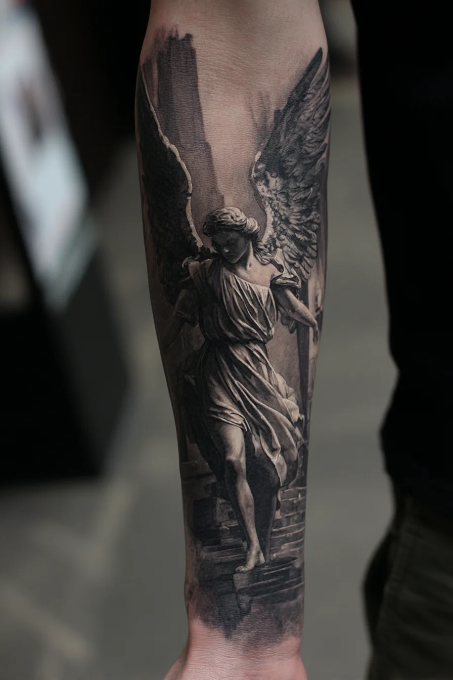 Realistic Black & Grey Angel Statue Forearm Tattoo — Guardian Memorial Design