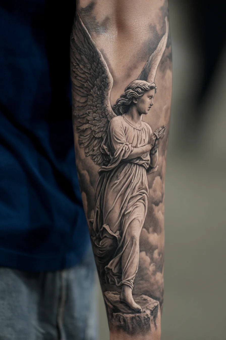 Realistic Black & Grey Angel Statue Forearm Tattoo