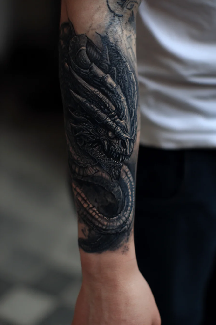 Realistic Black & Grey Dragon Forearm Tattoo — Mens Sleeve Design