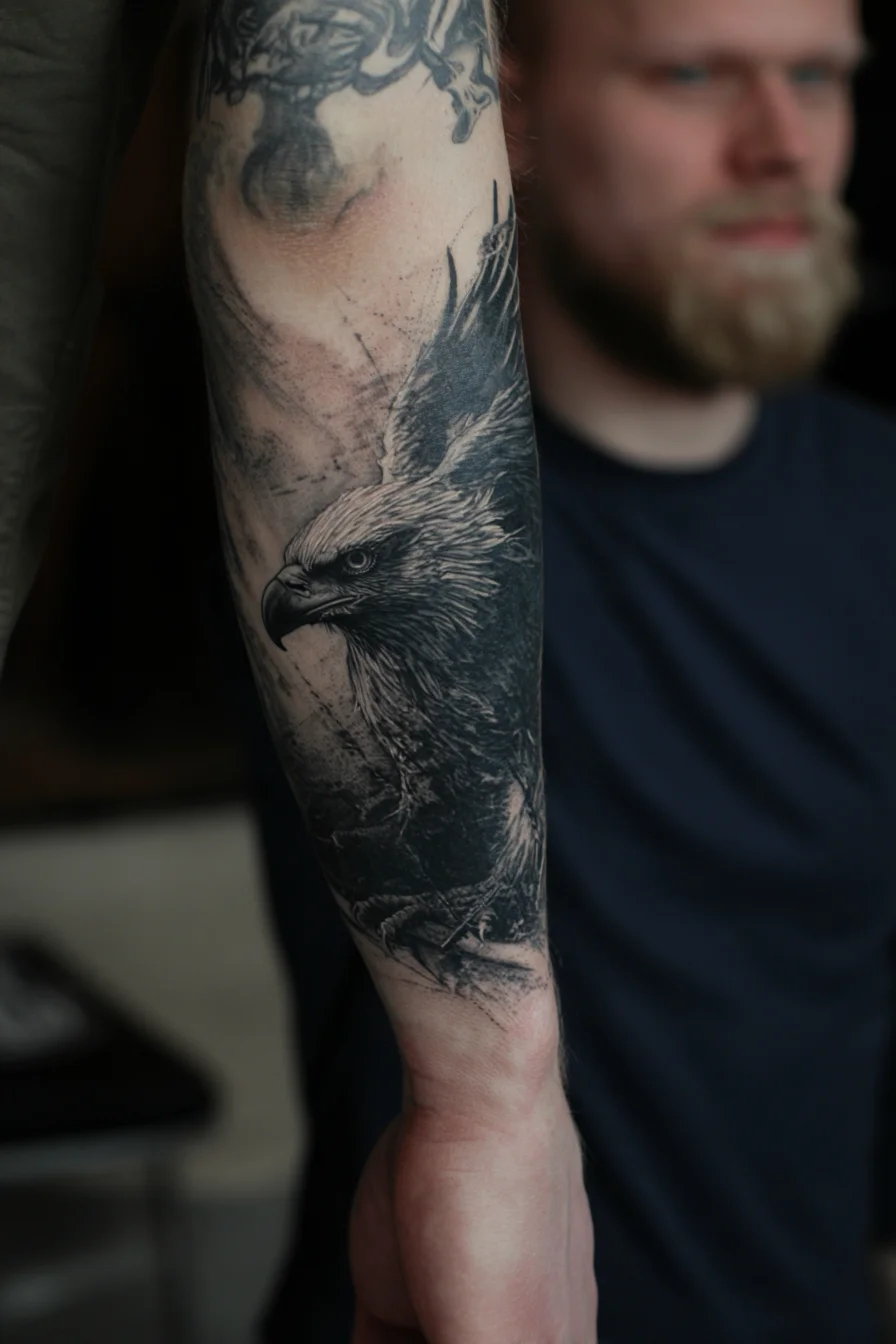 Realistic Black & Grey Eagle Forearm Tattoo — Strength & Freedom