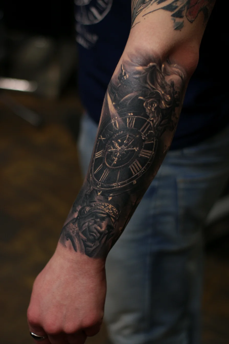 Realistic Black & Grey Forearm Clock and Classical Face Sleeve Tattoo