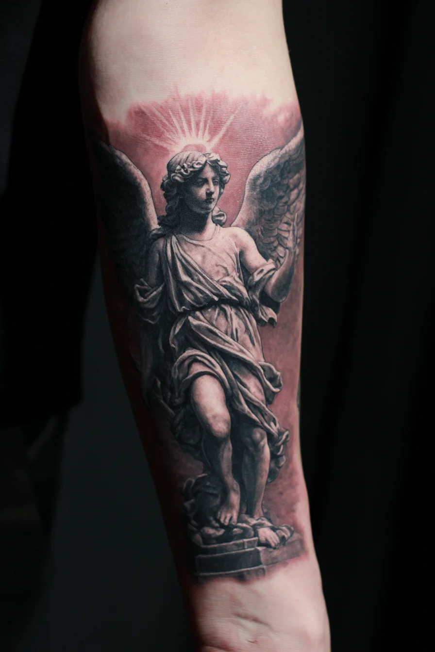 Realistic Black & Grey Guardian Angel Statue Forearm Tattoo