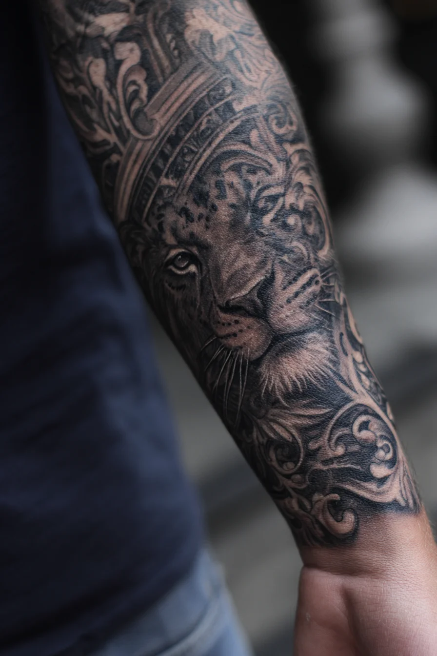 Realistic Black & Grey Lion Forearm Tattoo — Crowned Lion Sleeve Design