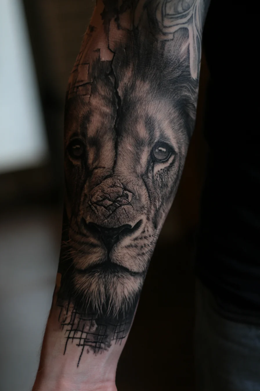 Realistic Black & Grey Lion Forearm Tattoo — Strength and Leadership