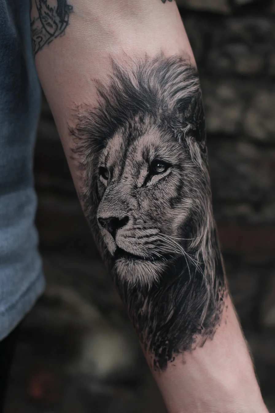 Realistic Black & Grey Lion Portrait — Forearm Masculine Tattoo