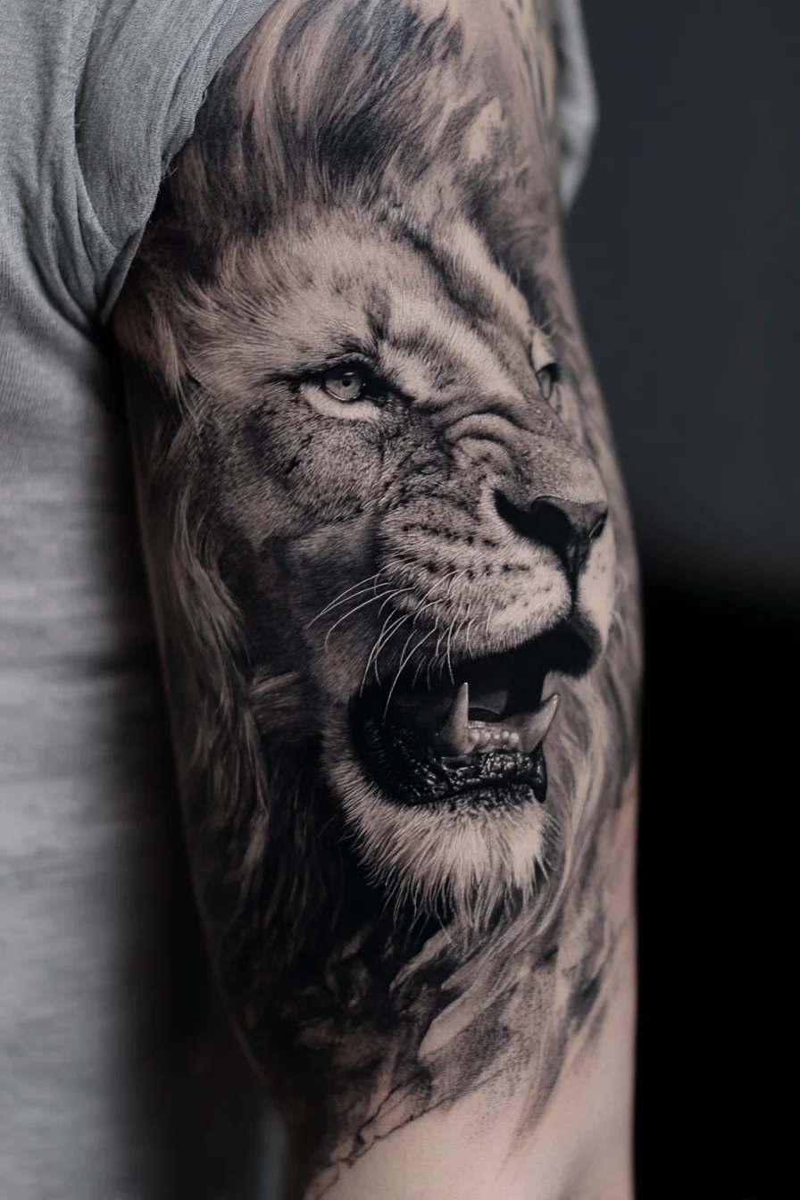 Realistic Black & Grey Lion Tattoo — Detailed Arm/Sleeve Design
