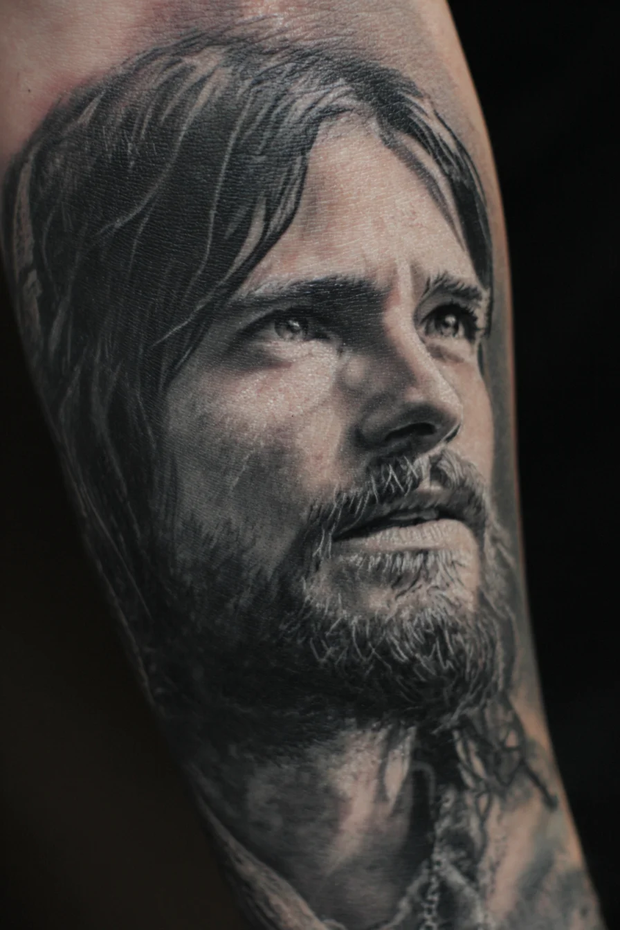 Realistic Black & Grey Male Portrait Tattoo — Forearm, Chest or Sleeve