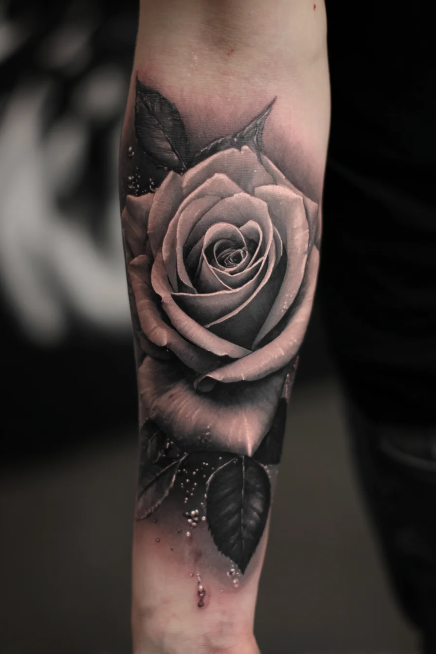 Realistic Black & Grey Rose Forearm Tattoo — Dew Drops