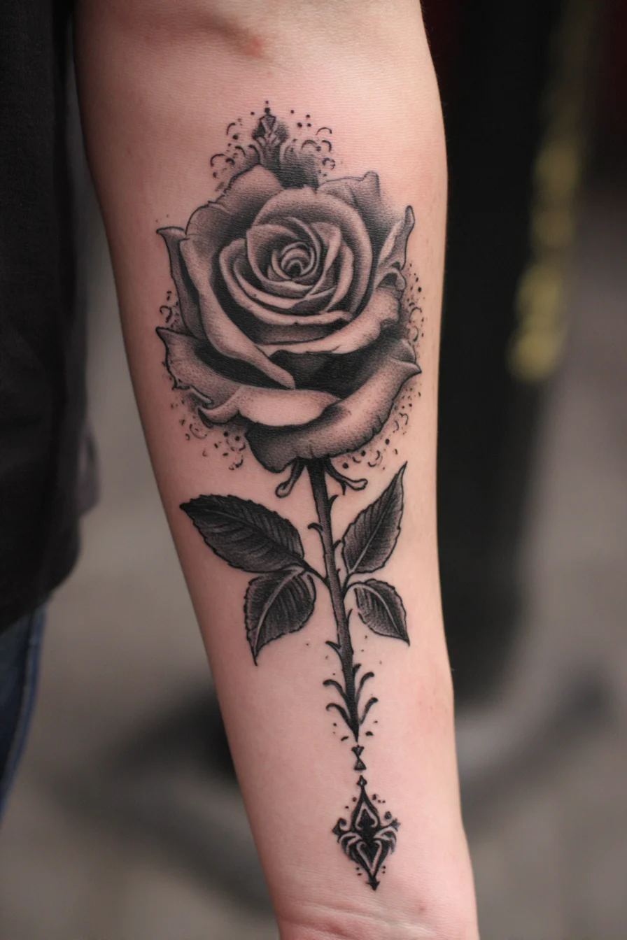 Realistic Black & Grey Rose Forearm Tattoo for Men