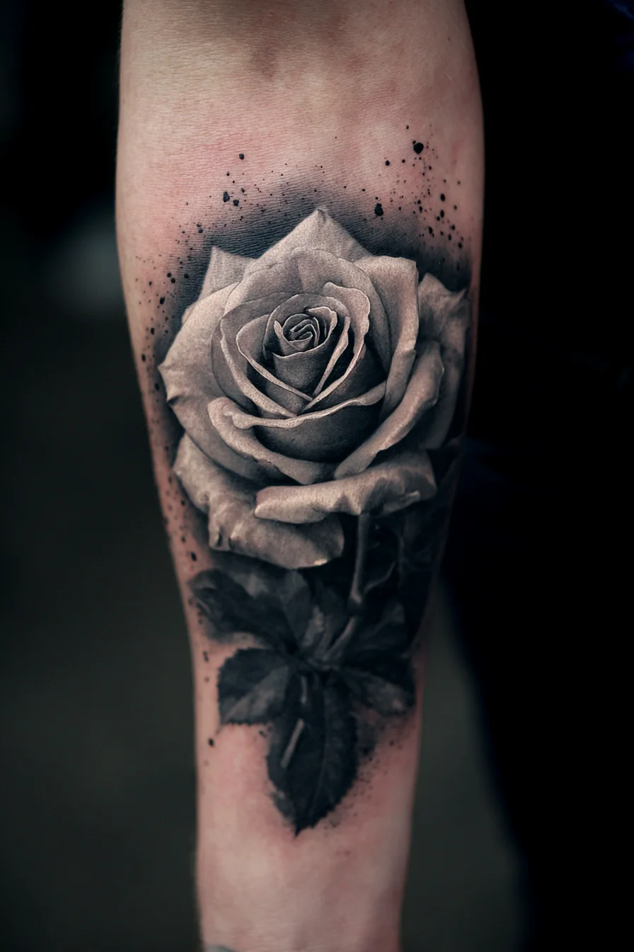 Realistic Black & Grey Rose Forearm Tattoo — Masculine Floral Realism