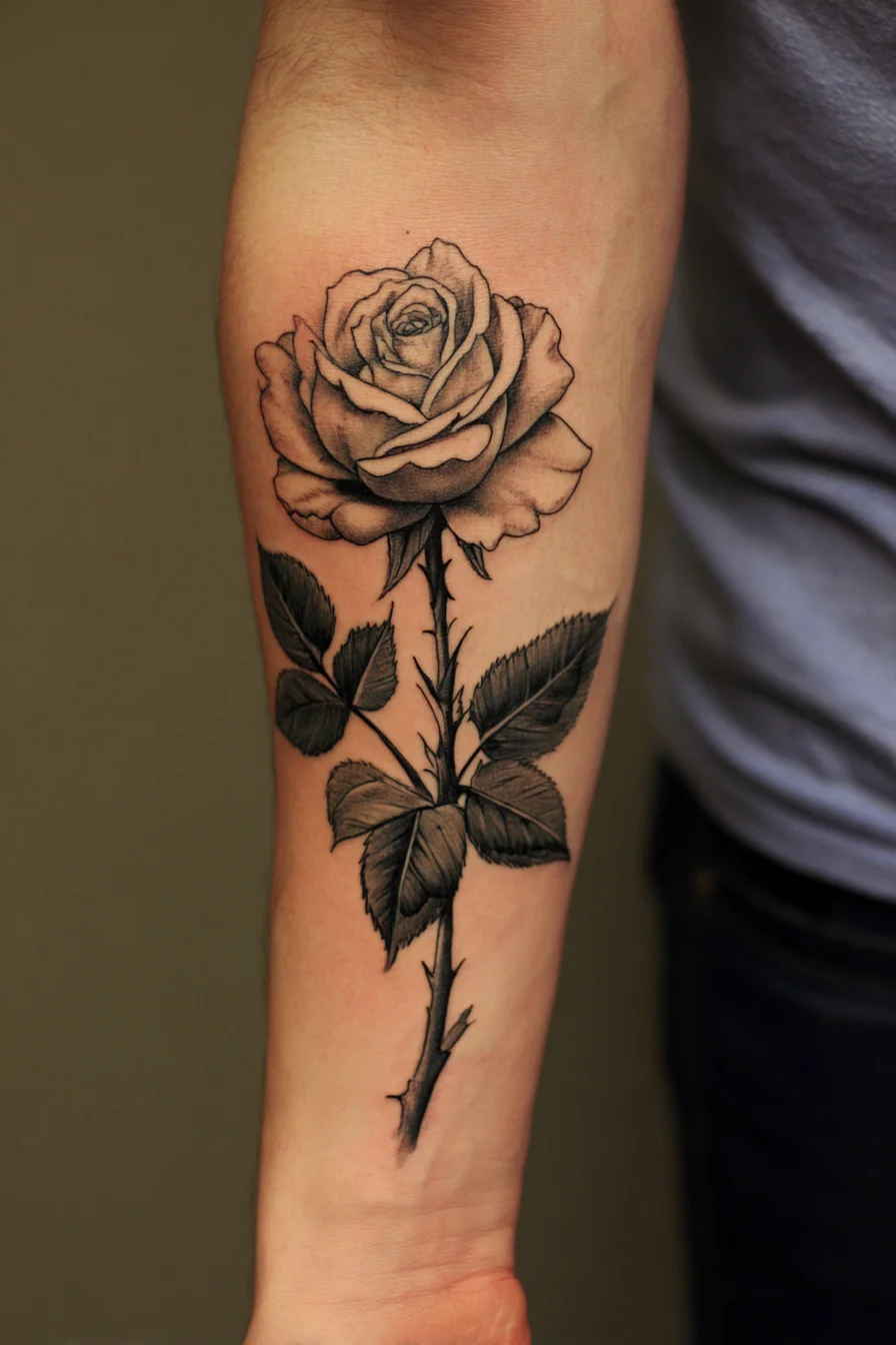 Realistic Black & Grey Rose Forearm Tattoo — Mens Floral Design