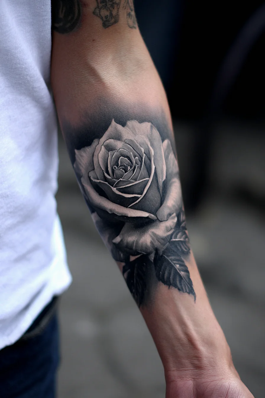 Realistic Black & Grey Rose Forearm Tattoo — Mens Floral Sleeve Accent