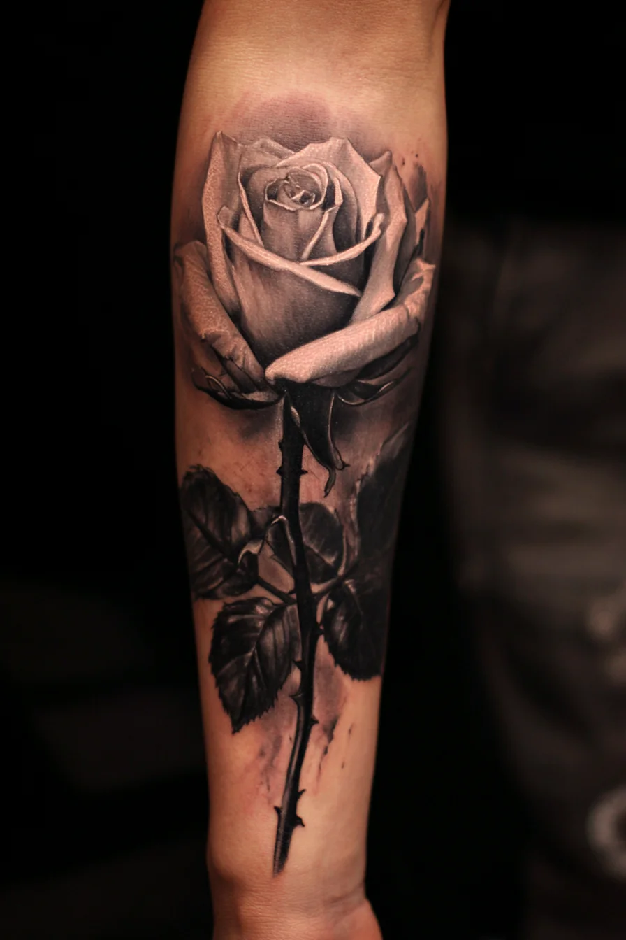 Realistic Black & Grey Rose Forearm Tattoo — Single Rose with Thorns