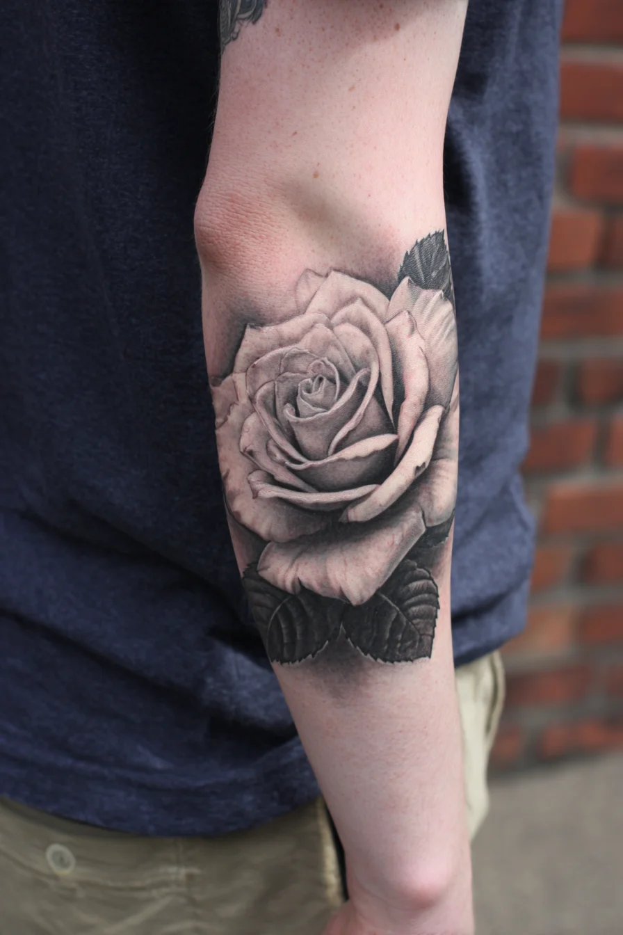 Realistic Black & Grey Rose Tattoo — Inner Forearm Placement