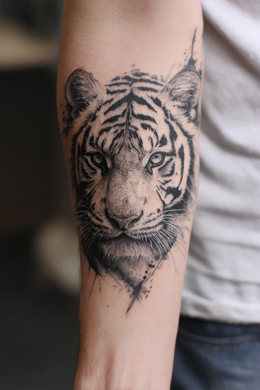 Realistic Black & Grey Tiger Forearm Tattoo — Masculine Wildlife Portrait
