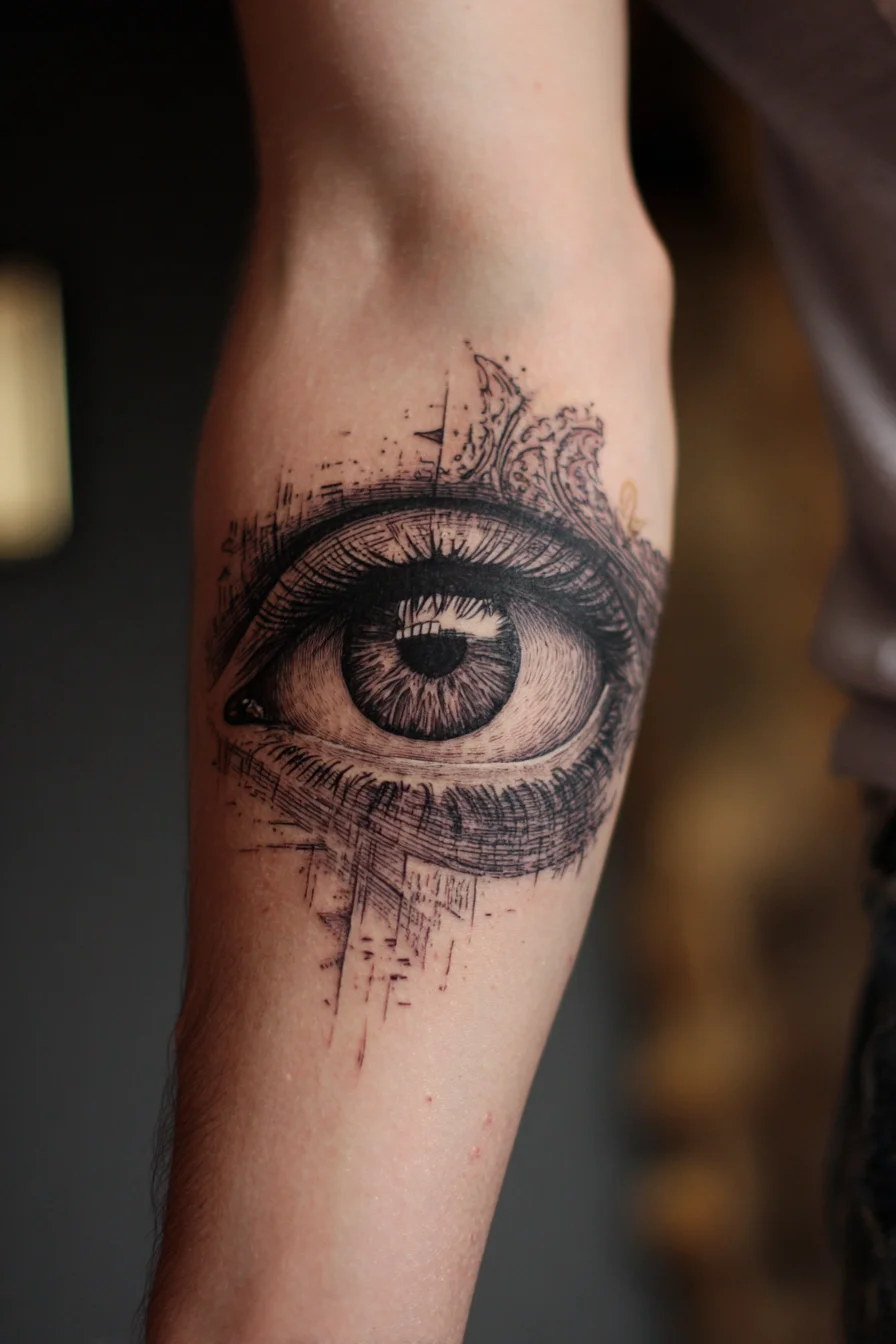 Realistic Black Ink Eye Tattoo - Forearm Surreal Sketch & Detail