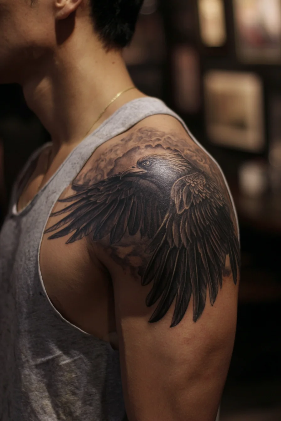 Realistic Black Raven Shoulder Tattoo — Winged Upper-Arm Design