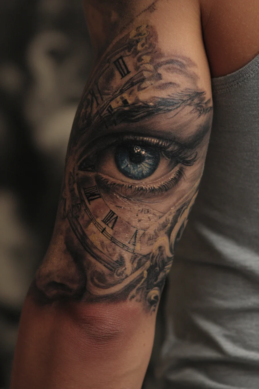 Realistic Eye with Roman Clock Tattoo — Forearm/Upper-Arm Timepiece