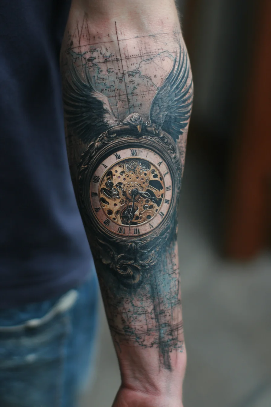Realistic Forearm Pocket Watch Tattoo with Wings and Map — Timepiece & Travel Design