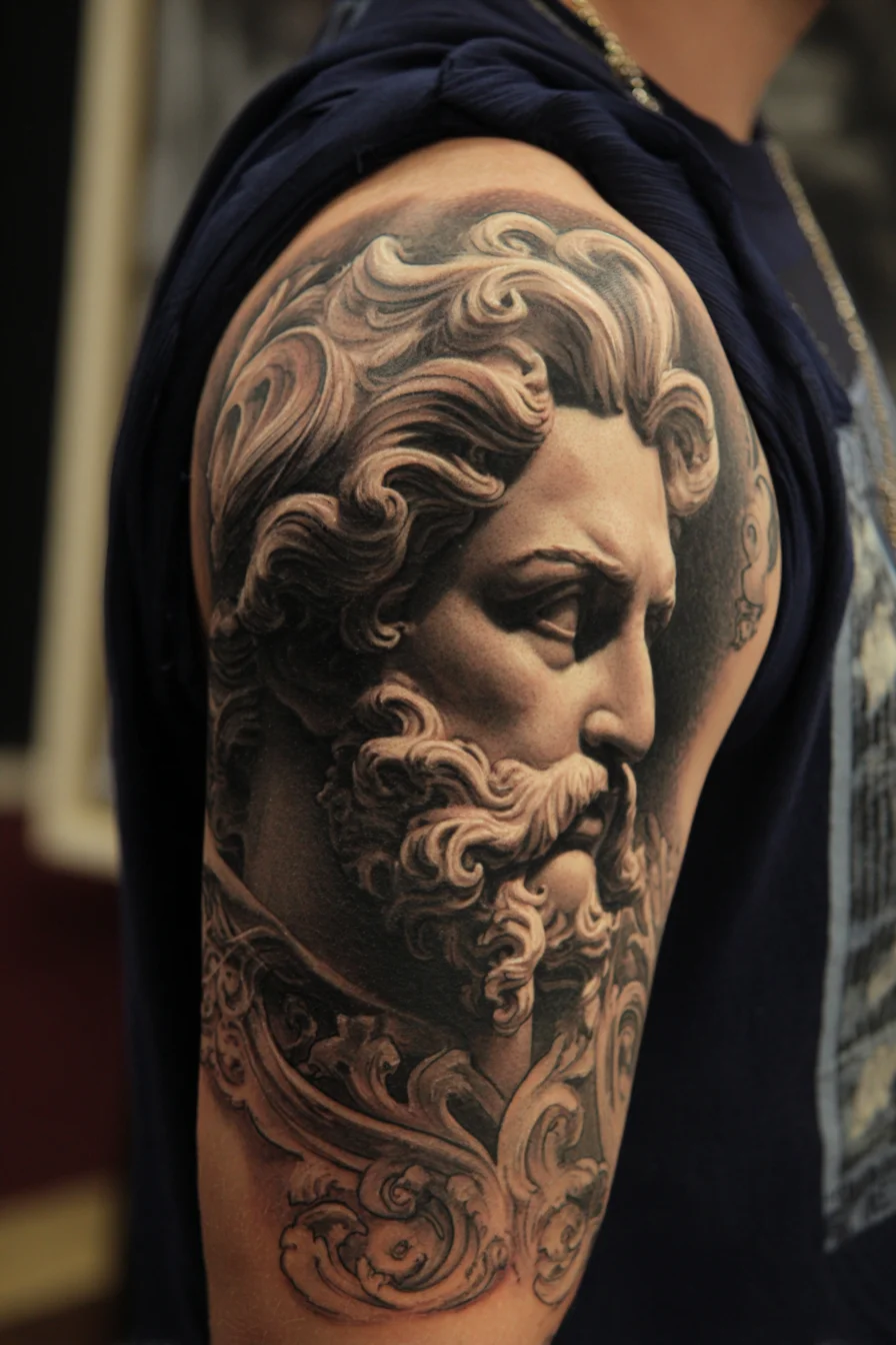 Realistic Greco‑Roman Bust Tattoo — Black & Grey Half‑Sleeve Portrait