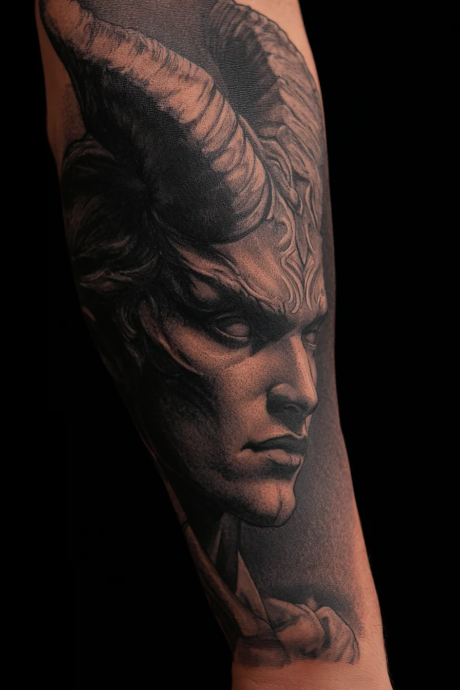 Realistic Horned Satyr Blackwork Portrait — Forearm Tattoo Design