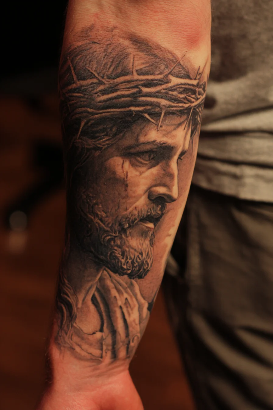 Realistic Jesus Portrait Forearm Tattoo with Crown of Thorns