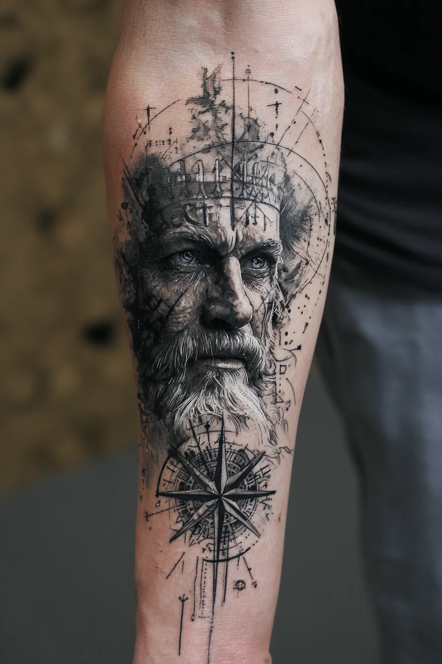 Realistic King Portrait Forearm Tattoo with Compass — Masculine Nautical Design