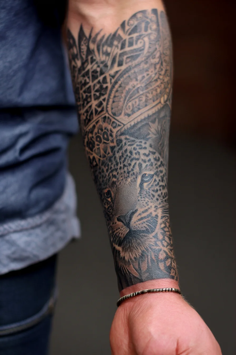 Realistic Leopard Forearm Tattoo — Black & Grey Half-Sleeve with Tribal Patterns