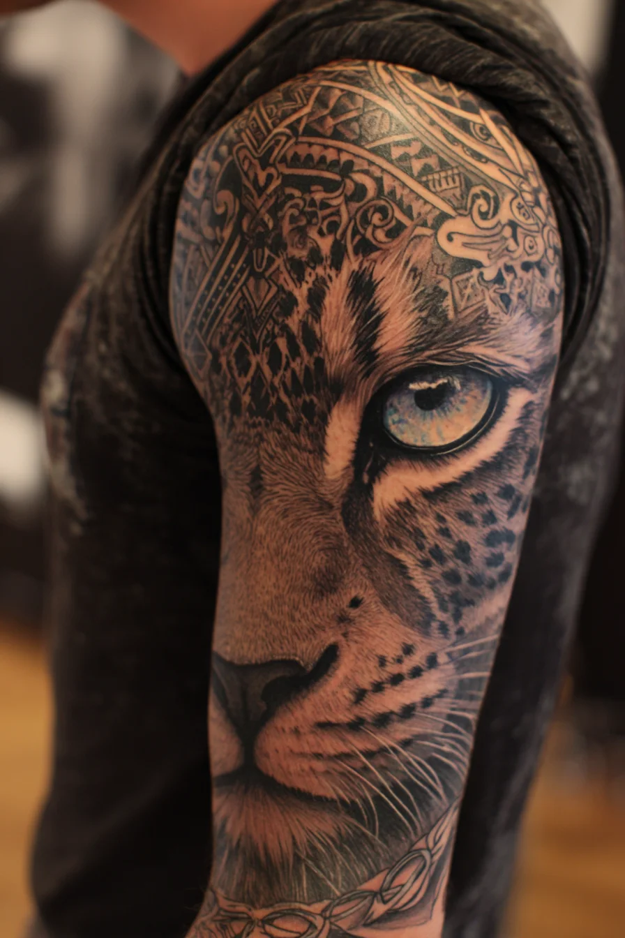 Realistic Leopard Half-Sleeve Tattoo with Geometric Tribal Accents
