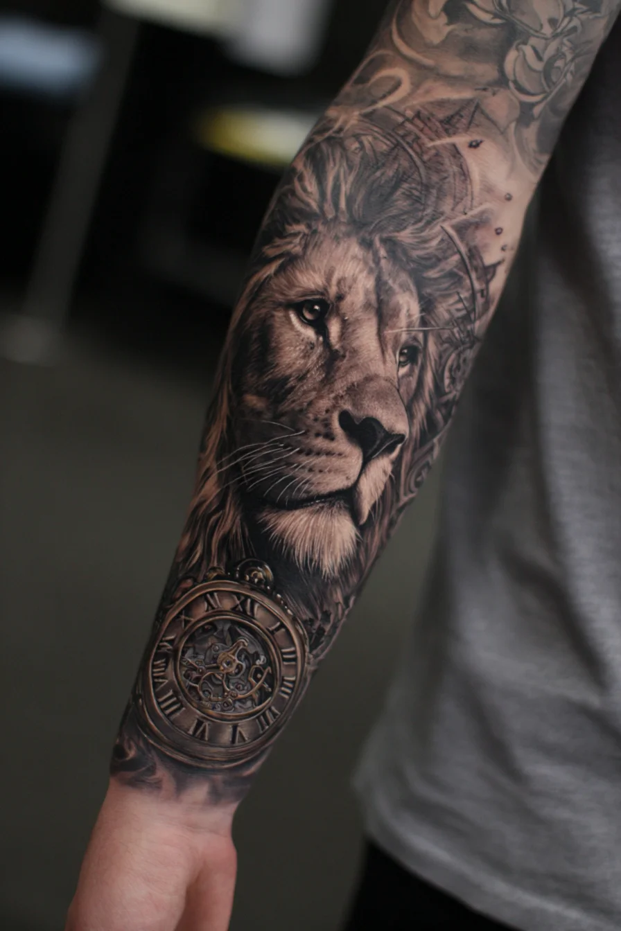 Realistic Lion and Pocket Watch Forearm Sleeve Tattoo