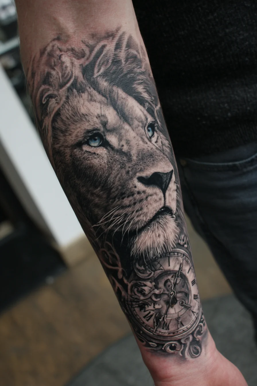 Realistic Lion and Pocket Watch Forearm Tattoo — Strength & Timelessness