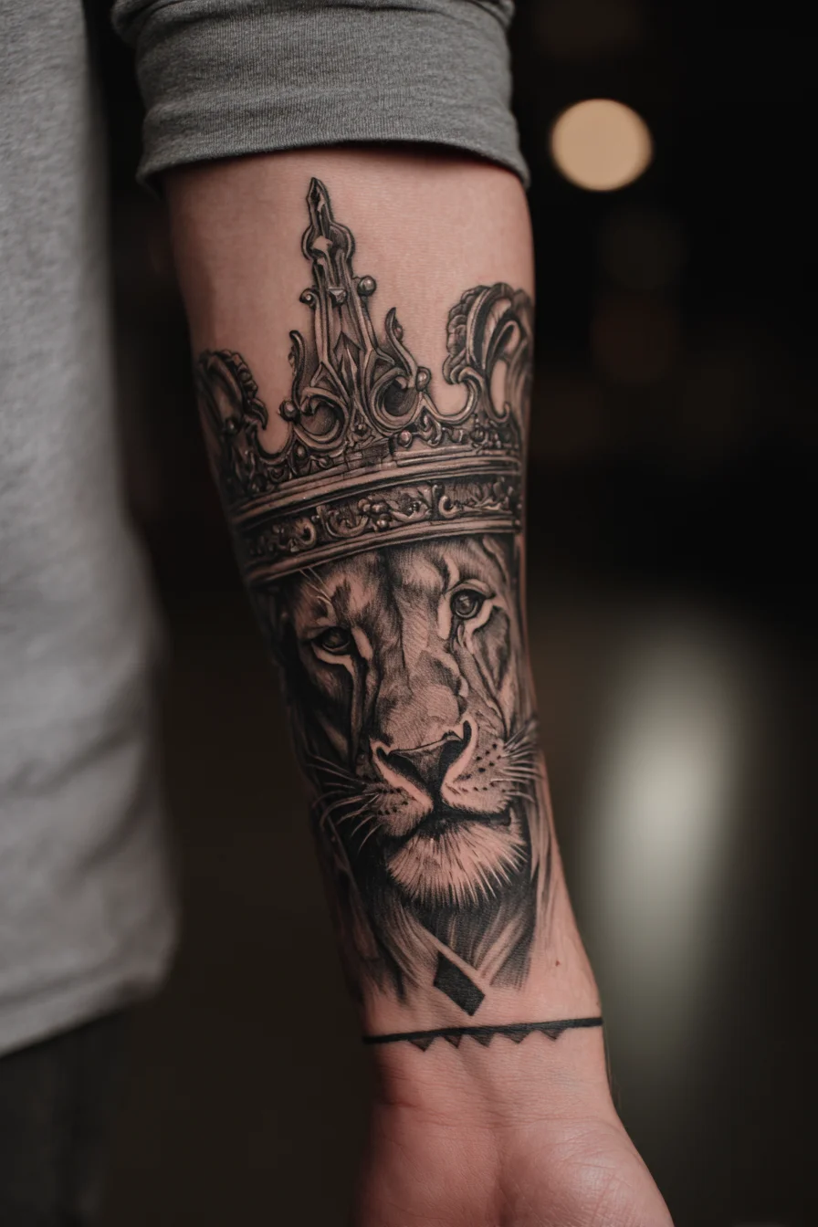 Realistic Lion Crown Forearm Tattoo — Black & Gray Masculine Design