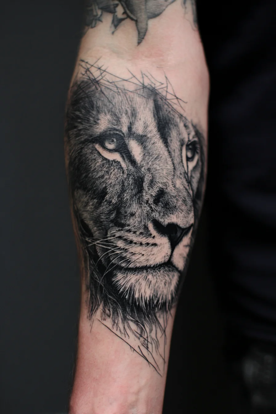Realistic Lion Forearm Tattoo — Black & Grey Lion Portrait