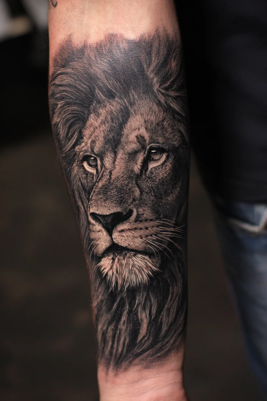 Realistic Lion Forearm Tattoo — Black & Grey Portrait Design