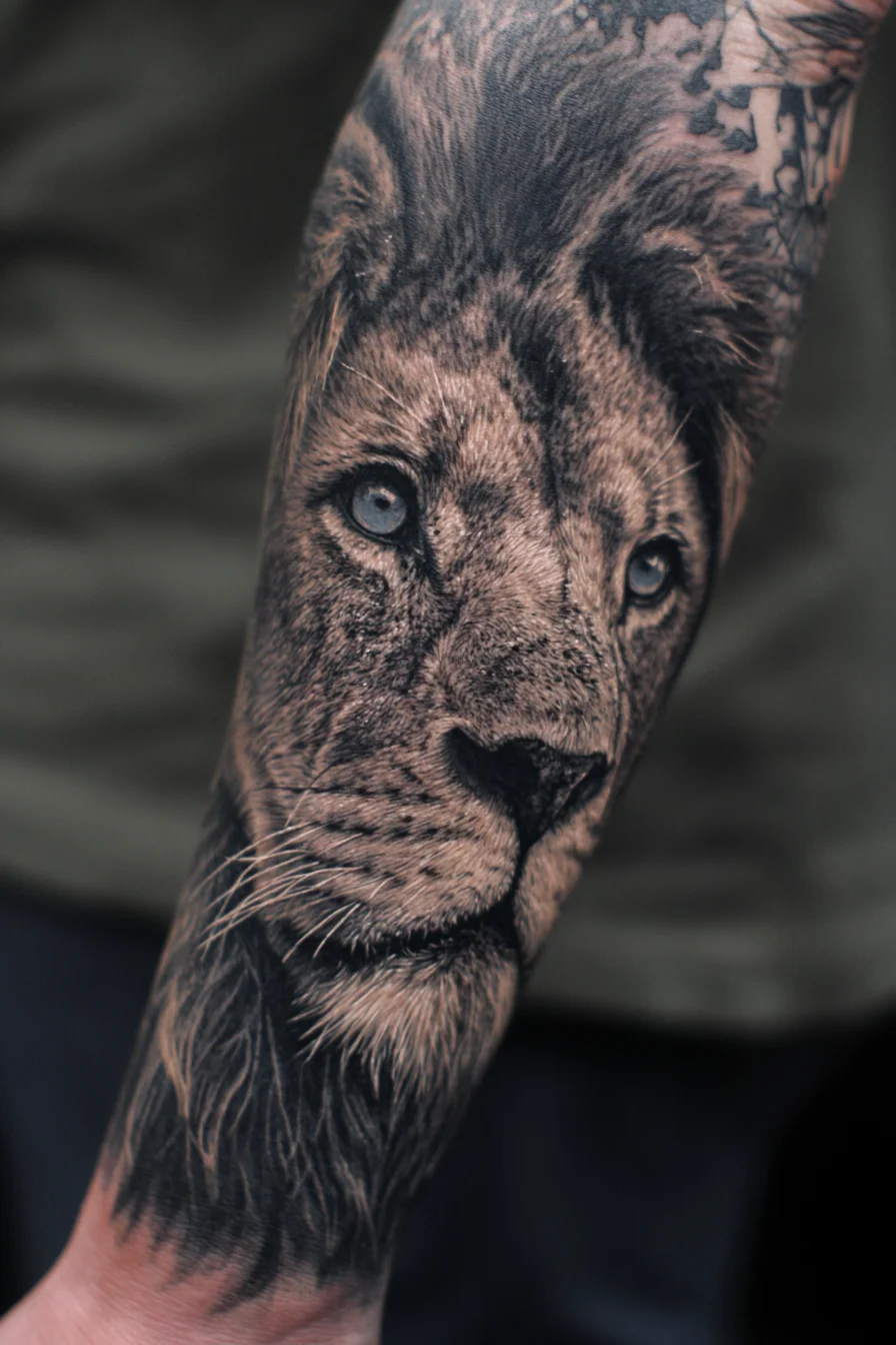 Realistic Lion Forearm Tattoo — Black & Grey Portrait for Men