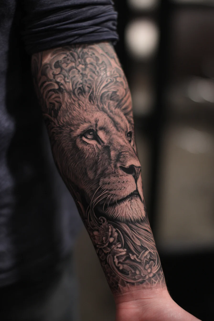 Realistic Lion Forearm Tattoo — Black & Grey Portrait Sleeve