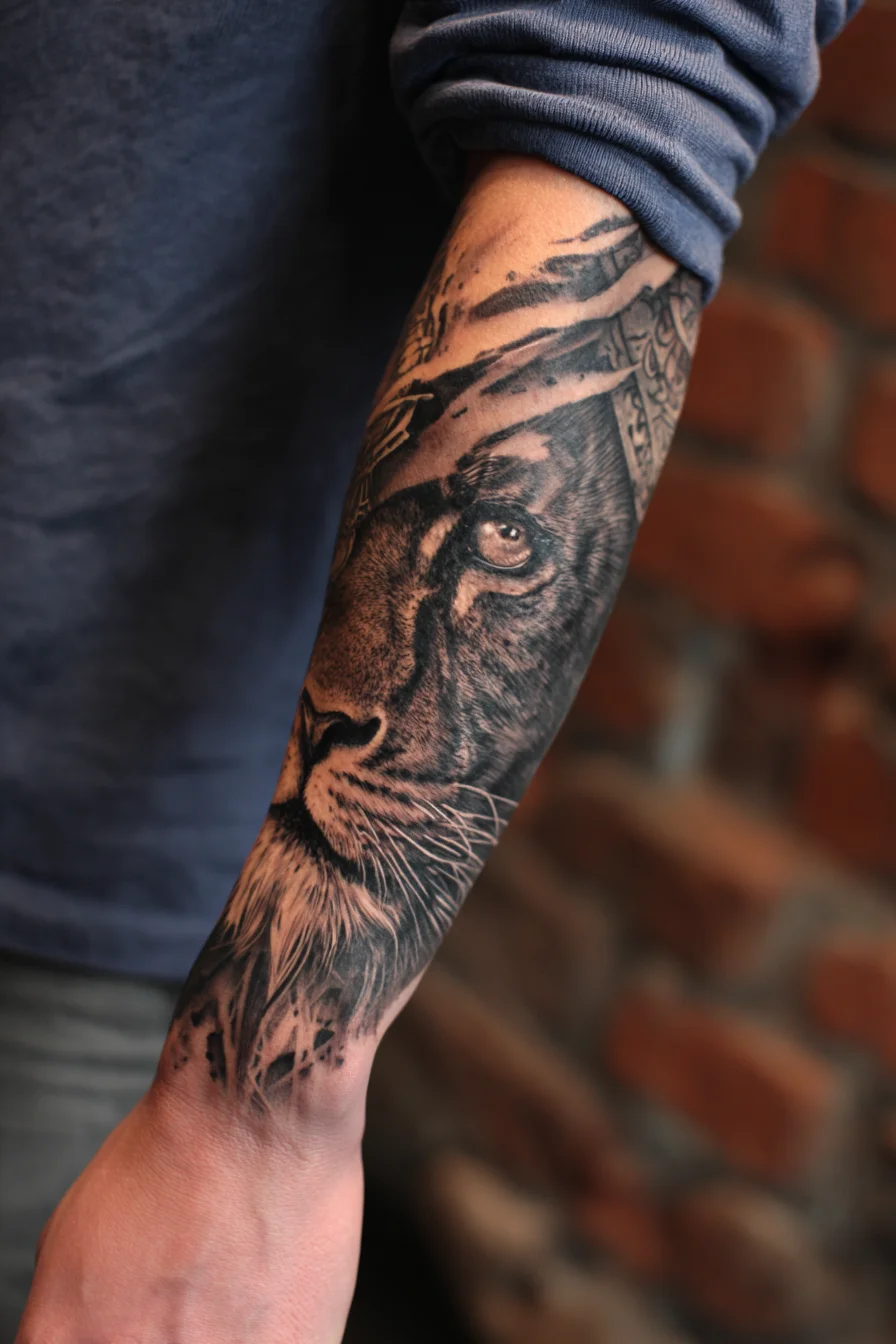 Realistic Lion Forearm Tattoo — Black & Grey Wildlife Portrait