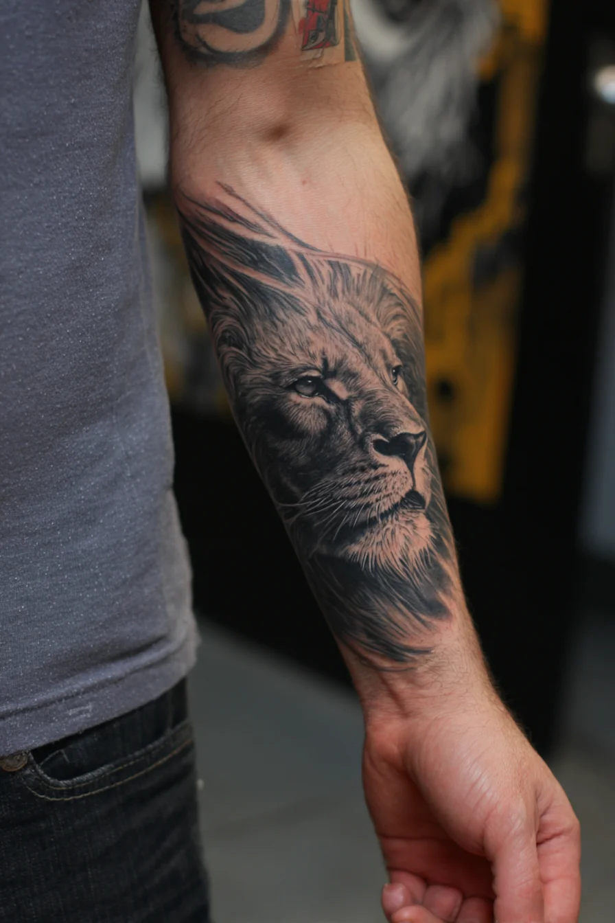 Realistic Lion Forearm Tattoo — Strength & Leadership, Black‑and‑Gray Portrait