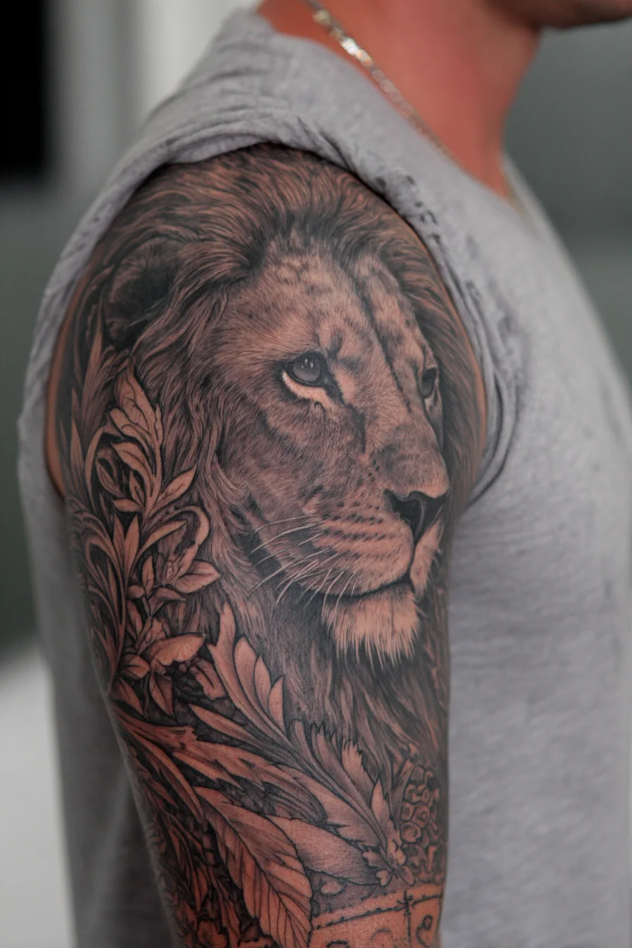 Realistic Lion Half-Sleeve Tattoo — Masculine Upper-Arm Wildlife Design