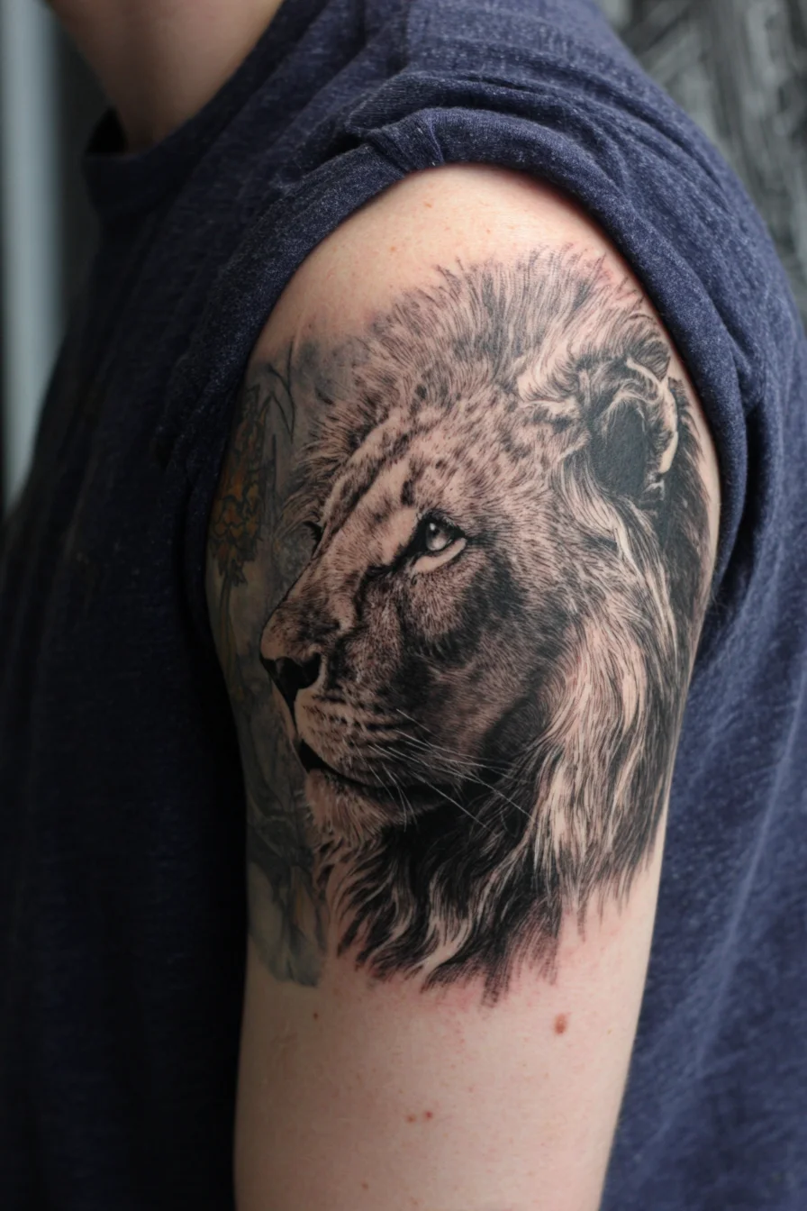 Realistic Lion Head Shoulder Tattoo — Masculine Black & Grey Portrait