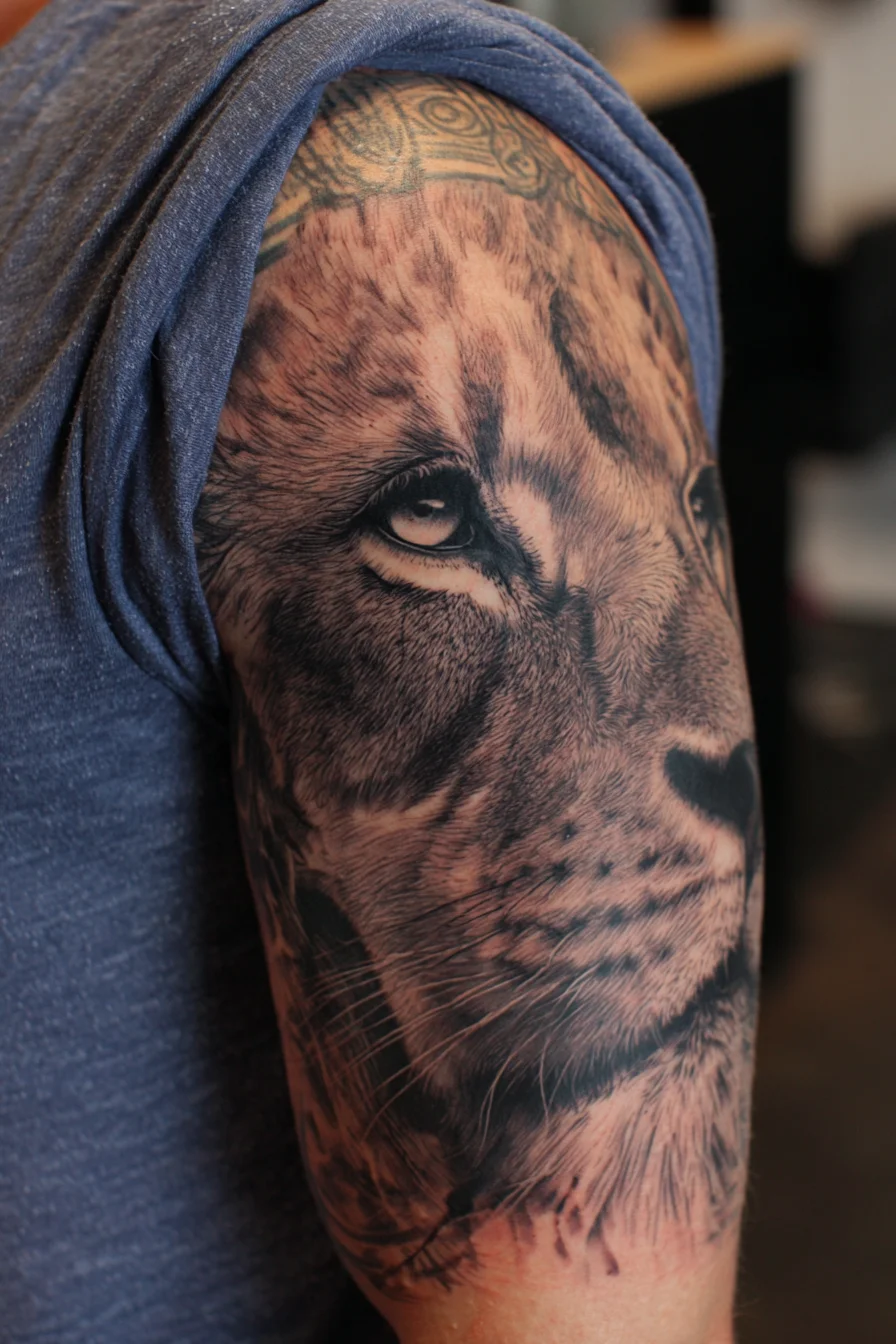 Realistic Lion Portrait Tattoo — Bold Shoulder & Upper-Arm Design