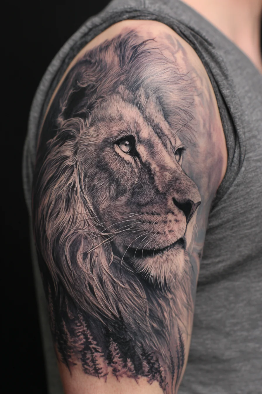 Realistic Lion Portrait Tattoo — Upper-Arm Half-Sleeve for Men