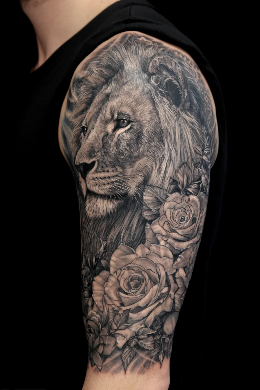 Realistic Lion & Roses Half-Sleeve Tattoo (Black & Grey)