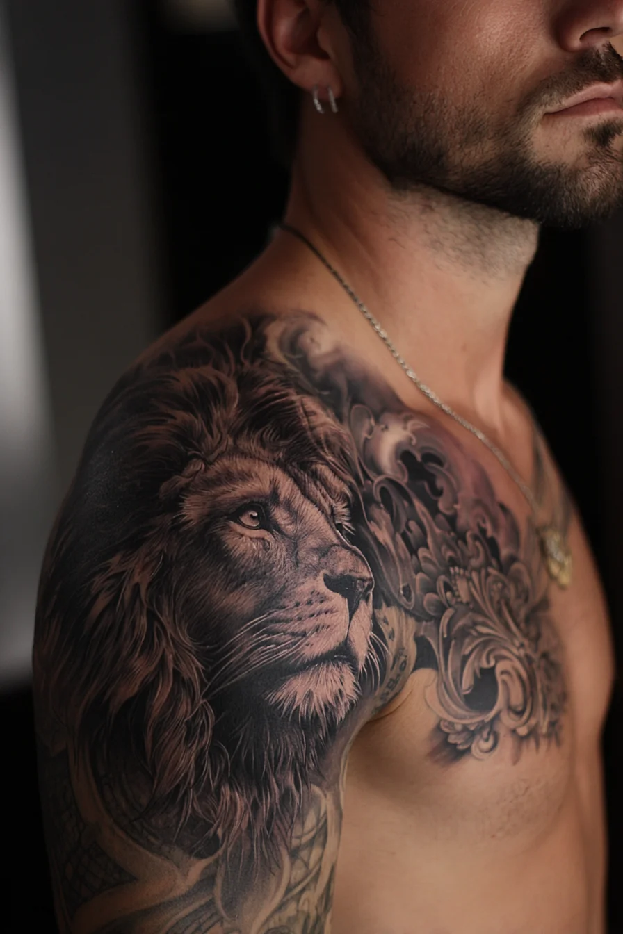 Realistic Lion Shoulder & Chest Tattoo — Black & Grey Male Half‑Sleeve Piece
