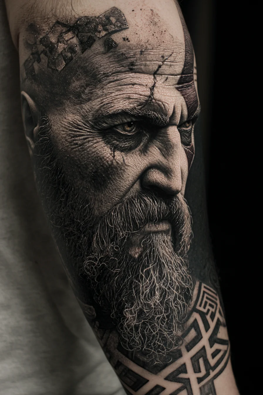 Realistic Norse Warrior Portrait Tattoo — Black & Grey Sleeve Idea