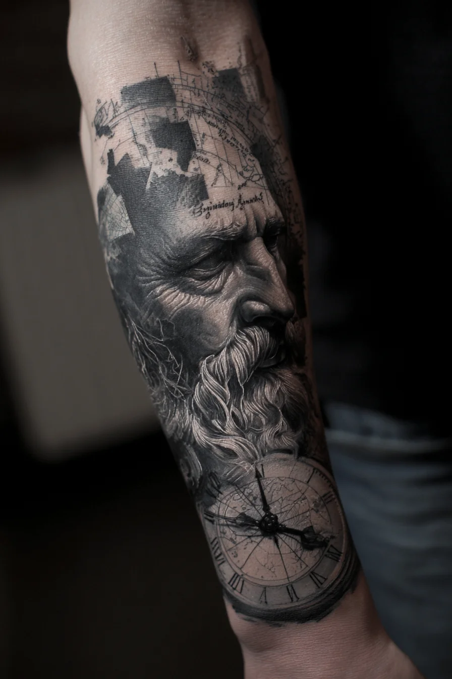 Realistic Old Sailor Portrait with Antique Clock - Black & Grey Forearm Tattoo