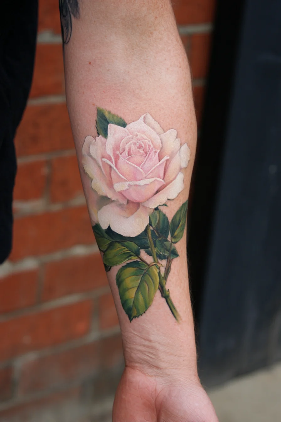 Realistic Pale Pink Rose Forearm Tattoo - Floral Realism for Men