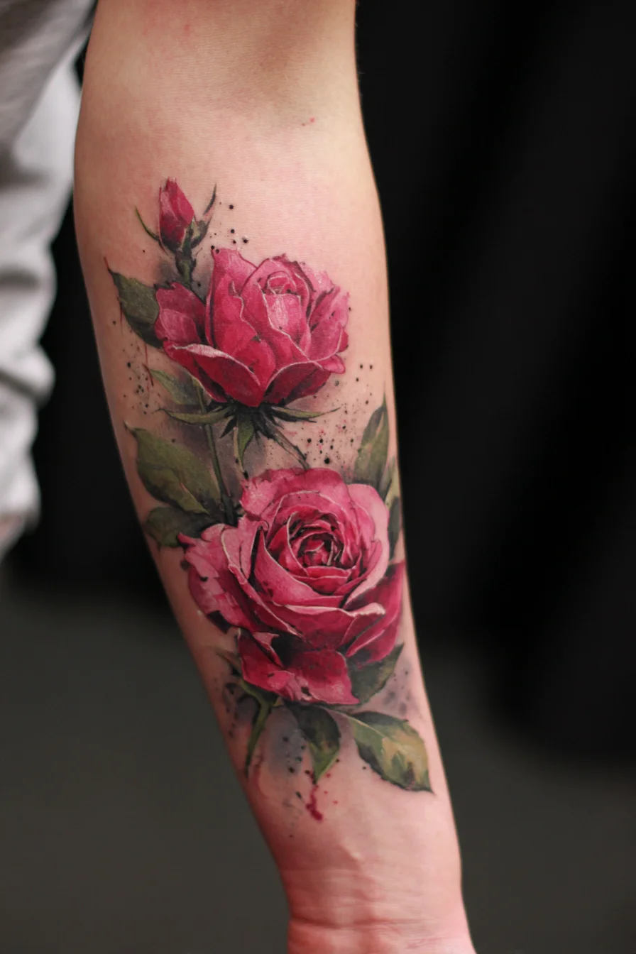 Realistic Pink Rose Forearm Tattoo — Floral, Watercolor, Masculine Placement