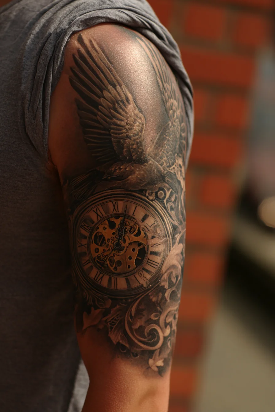 Realistic Pocket Watch & Wing Half-Sleeve Tattoo — Timeless Mens Arm Design
