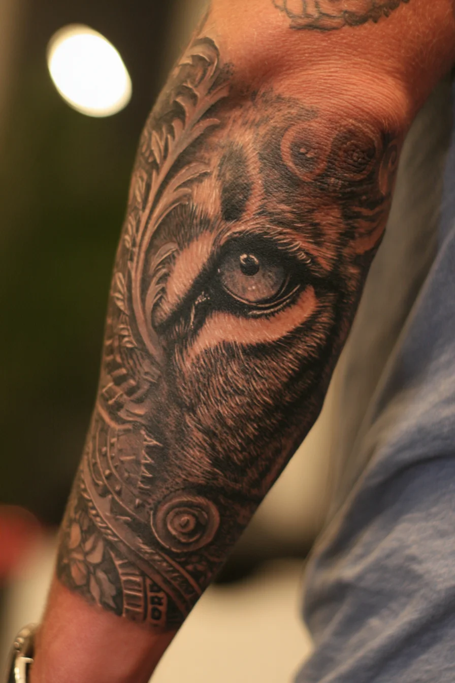 Realistic Predator Eye Forearm Tattoo — Black & Grey Detail & Ornamental Filigree
